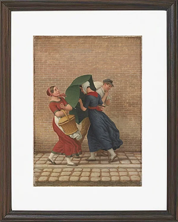 Straßenszene bei windigem und regnerischem Wetter - 1846