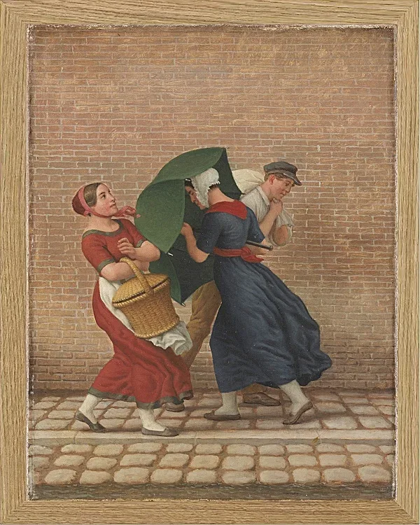 Straßenszene bei windigem und regnerischem Wetter - 1846