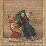 Straßenszene bei windigem und regnerischem Wetter - 1846