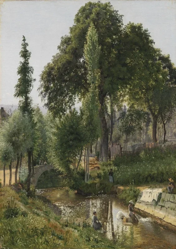 Vilhelm Kyhn | Frauen waschen Kleidung im Fluss - 1850 | Gerahmter Kunstdruck | Goldenes Zeitalter Dänemark