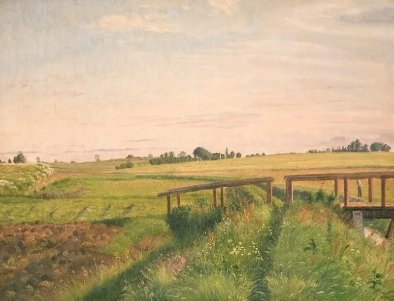 Vilhelm Kyhn – Feldlandschaft mit Brücke 1858 | Giclée Kunstdruck gerahmt