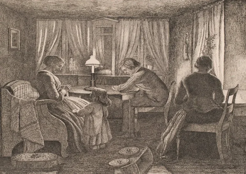 Vilhelm Kyhn | Interiør med kunstnerens familie - 1857 | Indrammet kunsttryk | Danmarks Guldalder