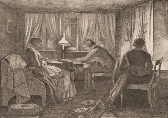 Vilhelm Kyhn | Interiør med kunstnerens familie - 1857 | Indrammet kunsttryk | Danmarks Guldalder