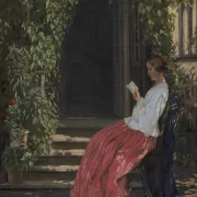 Vilhelm Kyhn | Læsende dame uden for en havedør – 1903 | Indrammet kunsttryk | Danmarks Guldalder