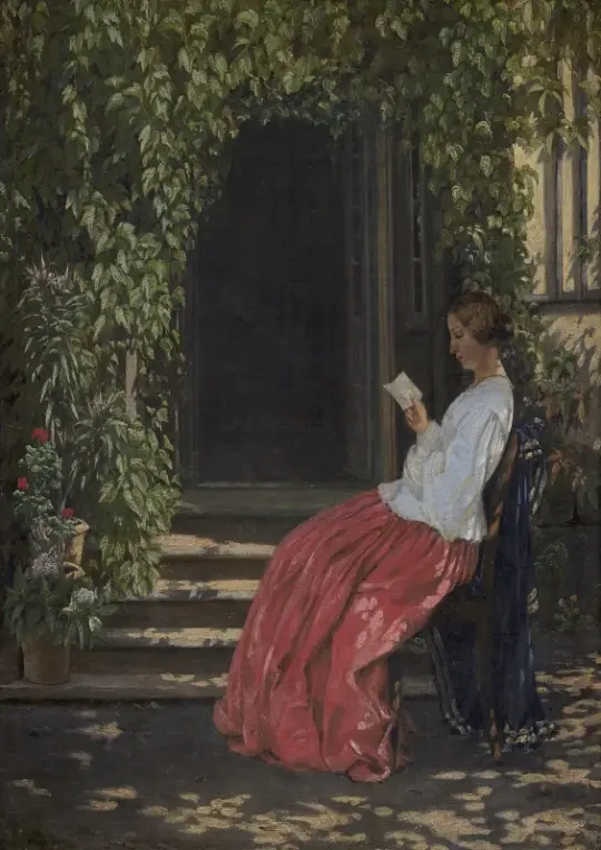 Vilhelm Kyhn | Læsende dame uden for en havedør – 1903 | Indrammet kunsttryk | Danmarks Guldalder