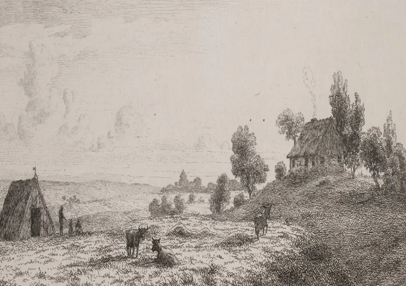 Vilhelm Kyhn | Landschaft mit einem Bauernhaus und einer Hütte - 1847 | Gerahmter Kunstdruck | Goldenes Zeitalter Dänemark