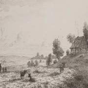 Vilhelm Kyhn | Landschaft mit einem Bauernhaus und einer Hütte - 1847 | Gerahmter Kunstdruck | Goldenes Zeitalter Dänemark