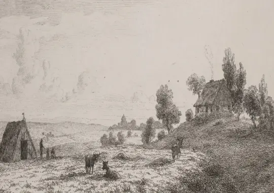 Vilhelm Kyhn | Landskab med en bondegård og et lille hus – 1847 | Indrammet kunsttryk | Danmarks Guldalder