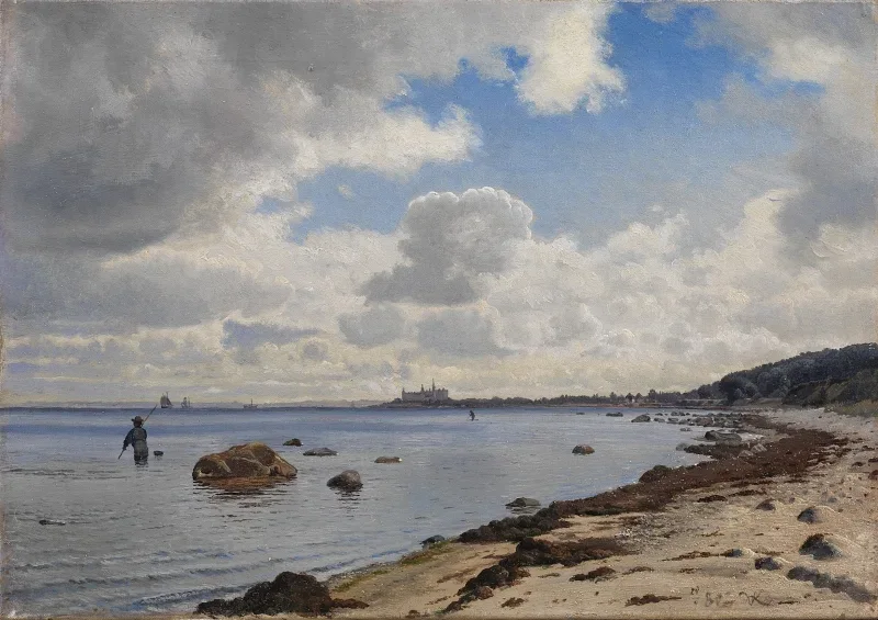 Vilhelm Kyhn | Sjællands nordkyst med udsigt til Kronborg - 1880 | Indrammet kunsttryk | Danmarks Guldalder