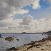 Vilhelm Kyhn | Sjællands nordkyst med udsigt til Kronborg - 1880 | Indrammet kunsttryk | Danmarks Guldalder