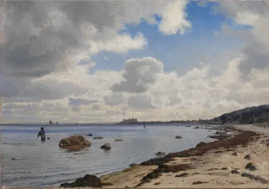 Vilhelm Kyhn | Sjællands nordkyst med udsigt til Kronborg - 1880 | Indrammet kunsttryk | Danmarks Guldalder