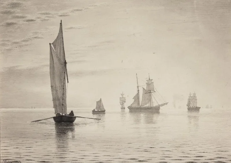 Vilhelm Kyhn | Skibe på søen i stille vejr - 1883 | Indrammet kunsttryk | Danmarks Guldalder