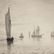 Vilhelm Kyhn | Skibe på søen i stille vejr - 1883 | Indrammet kunsttryk | Danmarks Guldalder