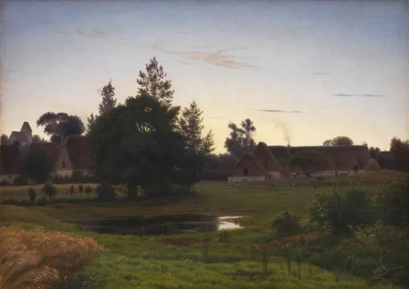 Vilhelm Kyhn | Efter solnedgang i udkanten af ​​en landsby – 1863 | Indrammet kunsttryk | Danmarks Guldalder