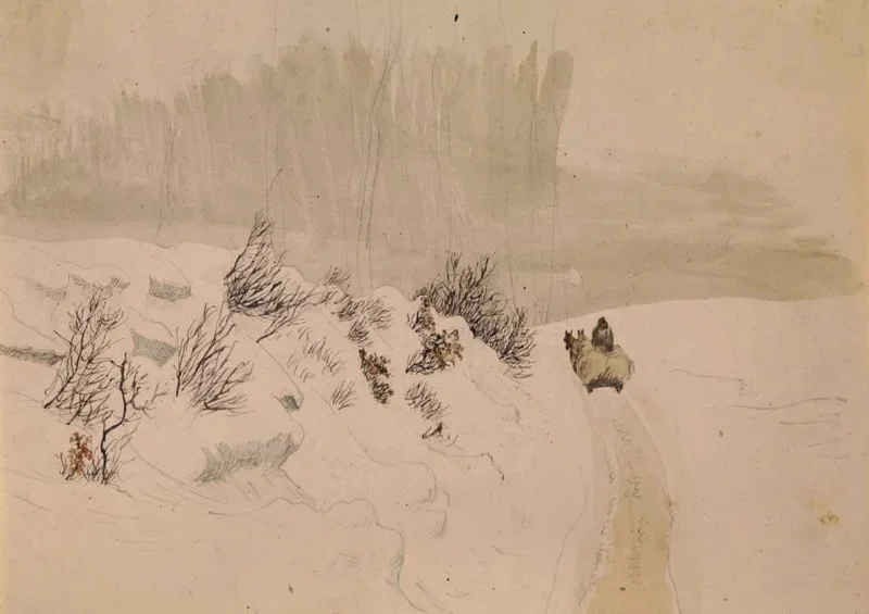 Vilhelm Kyhn | Vinterlandskab med kane - 1853 | Indrammet kunsttryk | Danmarks Guldalder