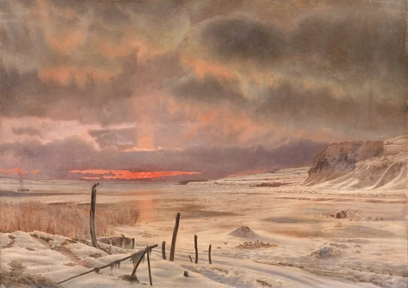 Vilhelm Kyhn | En vinteraften ved en dansk fjord – 1875 | Indrammet kunsttryk | Danmarks Guldalder