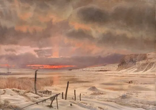 Vilhelm Kyhn | En vinteraften ved en dansk fjord – 1875 | Indrammet kunsttryk | Danmarks Guldalder