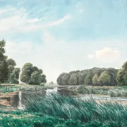 Waldlandschaft mit einem See und drei stehenden und angelnden Kindern – 1844