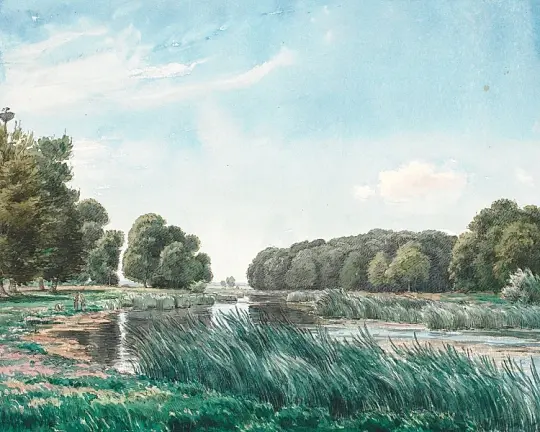 Waldlandschaft mit einem See und drei stehenden und angelnden Kindern – 1844