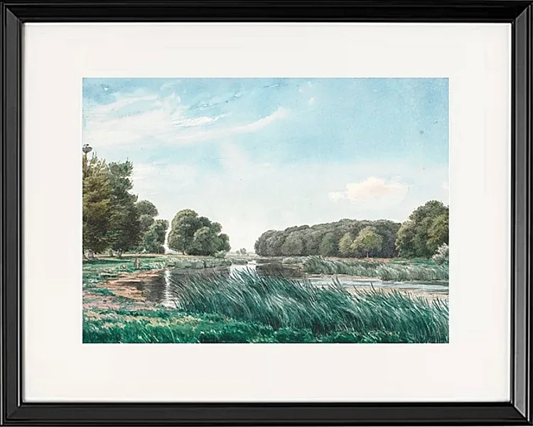 Waldlandschaft mit einem See und drei stehenden und angelnden Kindern – 1844