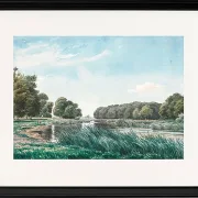 Waldlandschaft mit einem See und drei stehenden und angelnden Kindern – 1844