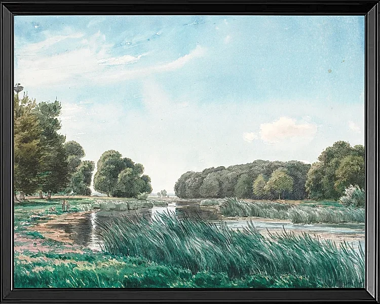 Waldlandschaft mit einem See und drei stehenden und angelnden Kindern – 1844