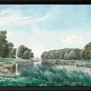 Waldlandschaft mit einem See und drei stehenden und angelnden Kindern – 1844