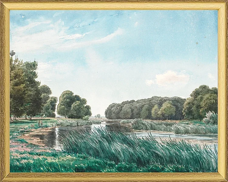 Waldlandschaft mit einem See und drei stehenden und angelnden Kindern – 1844