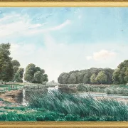 Waldlandschaft mit einem See und drei stehenden und angelnden Kindern – 1844