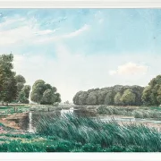 Waldlandschaft mit einem See und drei stehenden und angelnden Kindern – 1844