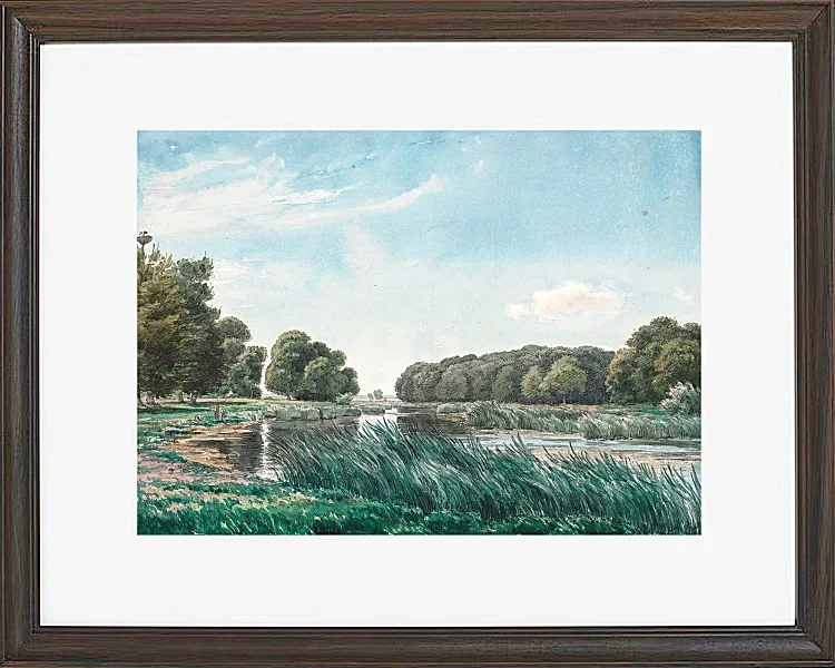 Waldlandschaft mit einem See und drei stehenden und angelnden Kindern – 1844