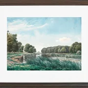 Waldlandschaft mit einem See und drei stehenden und angelnden Kindern – 1844