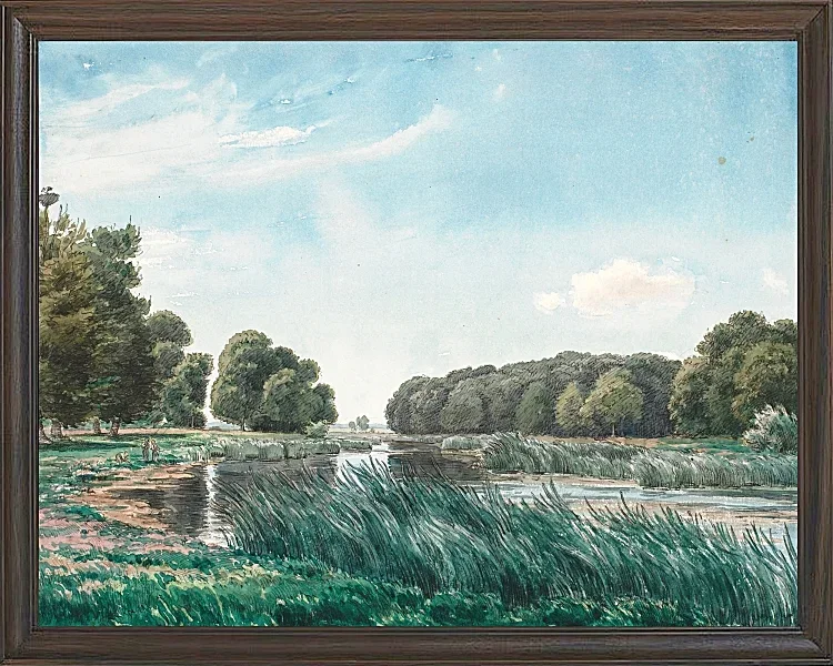 Waldlandschaft mit einem See und drei stehenden und angelnden Kindern – 1844