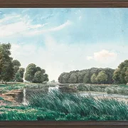 Waldlandschaft mit einem See und drei stehenden und angelnden Kindern – 1844