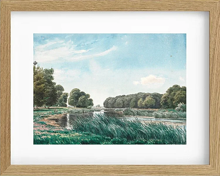 Waldlandschaft mit einem See und drei stehenden und angelnden Kindern – 1844