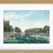 Waldlandschaft mit einem See und drei stehenden und angelnden Kindern – 1844