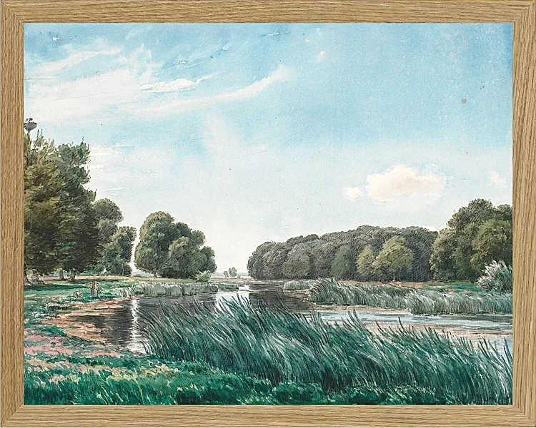 Waldlandschaft mit einem See und drei stehenden und angelnden Kindern – 1844