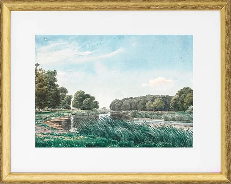 Waldlandschaft mit einem See und drei stehenden und angelnden Kindern – 1844