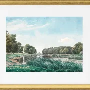 Waldlandschaft mit einem See und drei stehenden und angelnden Kindern – 1844