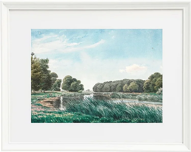 Waldlandschaft mit einem See und drei stehenden und angelnden Kindern – 1844