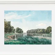 Waldlandschaft mit einem See und drei stehenden und angelnden Kindern – 1844