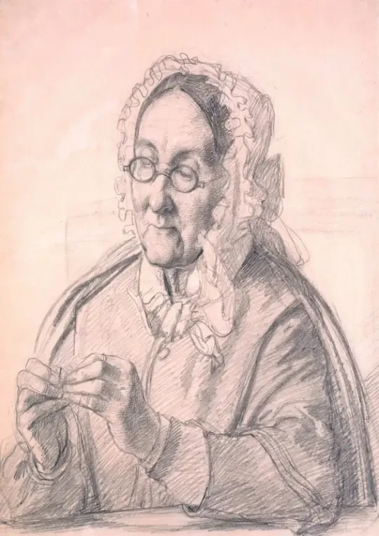 Wilhelm Marstrand | Ældre kvinde, der tråder en nål – 1810 | Indrammet kunsttryk | Danmarks Guldalder