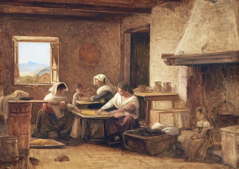 Wilhelm Marstrand | Kvinder, der arbejder i køkkenet på en bondegård nær Olevan - 1851 | Indrammet kunsttryk | Danmarks Guldalder