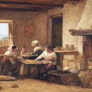 Wilhelm Marstrand | Kvinder, der arbejder i køkkenet på en bondegård nær Olevan - 1851 | Indrammet kunsttryk | Danmarks Guldalder