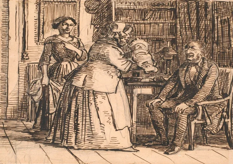 Wilhelm Marstrand | Jordemoderen præsenterer arvingen – 1810 | Indrammet kunsttryk | Danmarks Guldalder