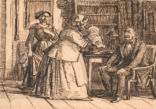 Wilhelm Marstrand | Jordemoderen præsenterer arvingen – 1810 | Indrammet kunsttryk | Danmarks Guldalder
