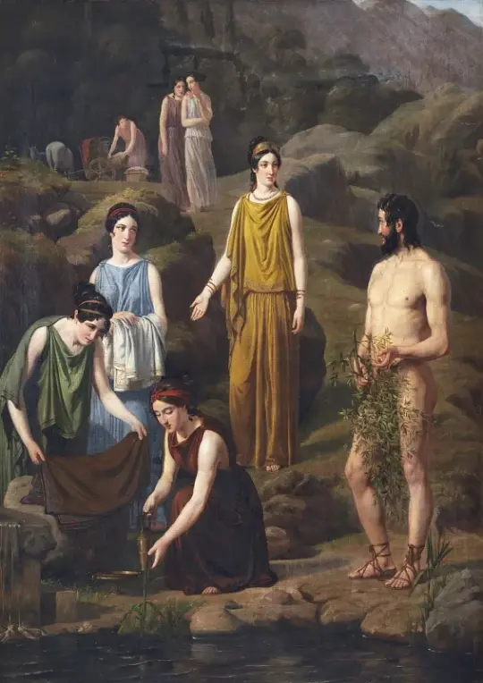 Wilhelm Marstrand | Nausikaa bringer den skibbrudne Odysseus klæder - 1835 | Indrammet kunsttryk | Danmarks Guldalder