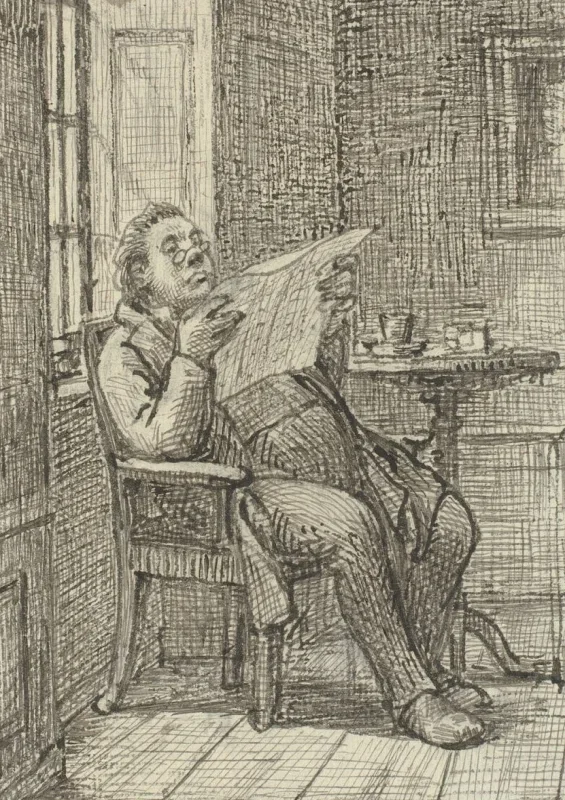 Wilhelm Marstrand | En herre, der læser avis og drikker kaffe – 1870 | Indrammet kunsttryk | Danmarks Guldalder
