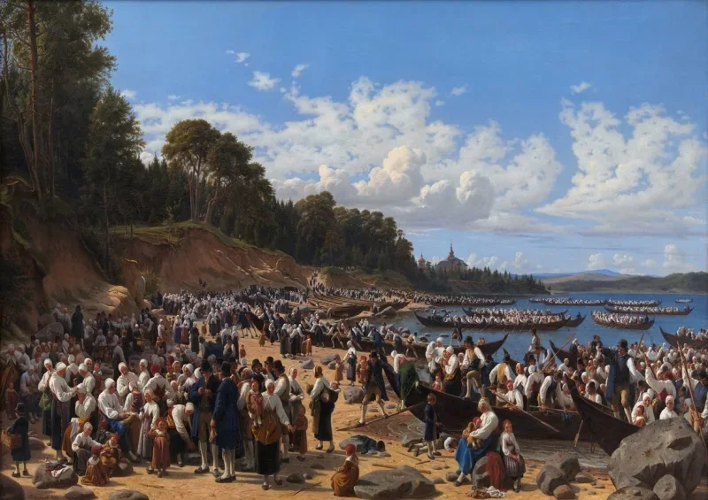 Wilhelm Marstrand | Kirkegængere ankommer med båd til Sognekirken - 1853 | Indrammet kunsttryk | Danmarks Guldalder