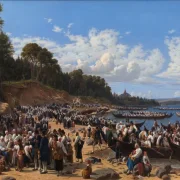 Wilhelm Marstrand | Kirkegængere ankommer med båd til Sognekirken - 1853 | Indrammet kunsttryk | Danmarks Guldalder